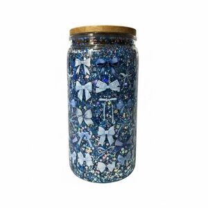 Blue Glitter Bow Snowglobe Tumbler with Wooden Cap